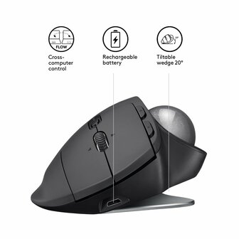 Logitech MX Ergo | Ergonomische Draadloze Muis met Trackball | RF-Draadloos + Bluetooth | 20480 DPI | Zwart
