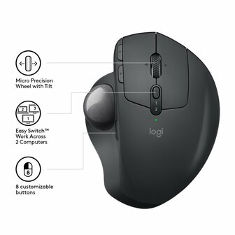 Logitech MX Ergo | Ergonomische Draadloze Muis met Trackball | RF-Draadloos + Bluetooth | 20480 DPI | Zwart
