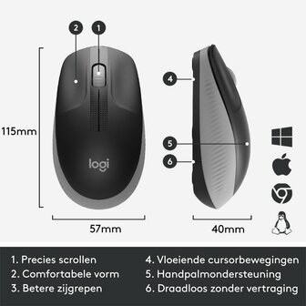 Logitech M190 | Ambidextrous Draadloze Muis | RF-Draadloos | 1000 DPI | Grijs