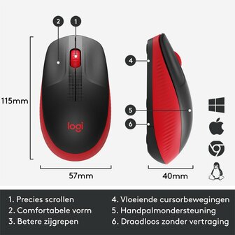 Logitech M190 | Ambidextrous Draadloze Muis | RF-Draadloos | 1000 DPI | Zwart/Rood