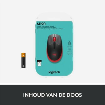 Logitech M190 | Ambidextrous Draadloze Muis | RF-Draadloos | 1000 DPI | Zwart/Rood
