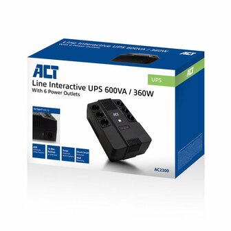 ACT AC2300 Line-Interactive UPS | 600 VA | 6 Stopcontacten (3 op Accu) | AVR Spanningstabilisatie | Netspanningsbeveiliging