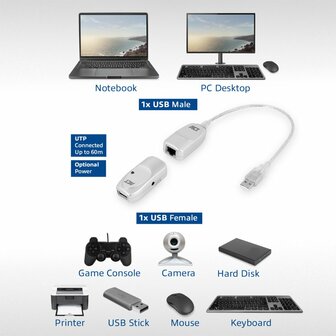 ACT USB-extender set | Over UTP | Tot 60 meter | AC6060