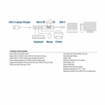 ACT AC7050 | 3-Poorts USB-C Hub | Kaartlezer | Zilver