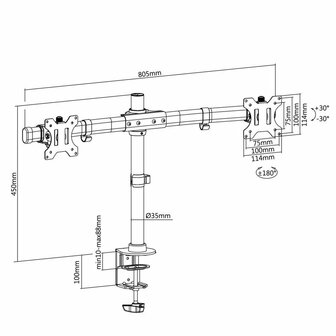 ACT AC8315 | In Hoogte Verstelbare Monitor-bureaubeugel | Tot 27&quot; | Max 7kg | VESA 100x100 | 2 Monitoren