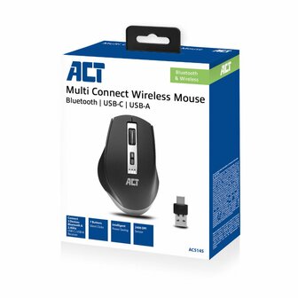 ACT AC5145 | Draadloze Muis | RF-Draadloos + Bluetooth | USB-A en USB-C Receiver | 2400 DPI | Grafiet