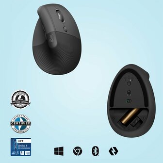 Logitech Lift | Ergonomische Draadloze Muis | RF-Draadloos + Bluetooth | 4000 DPI | Grafiet