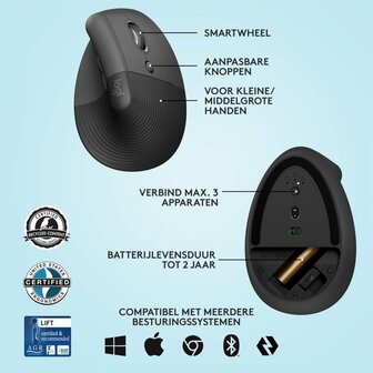 Logitech Lift | Ergonomische Draadloze Muis | RF-Draadloos + Bluetooth | 4000 DPI | Grafiet