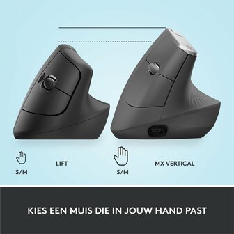 Logitech Lift | Ergonomische Draadloze Muis | RF-Draadloos + Bluetooth | 4000 DPI | Grafiet