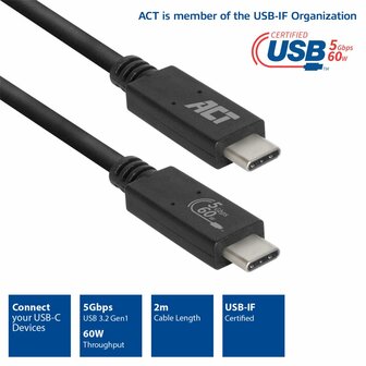 ACT AC7402 | USB 3.2 Gen 1 Kabel | USB-C naar USB-C | 2m | Zwart