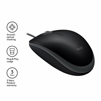 Logitech B110 Silent | Ambidextrous Bedrade Muis | USB-A | 800 DPI | Zwart