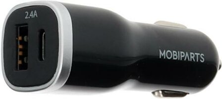Mobiparts Car Charger | Dual USB-A &amp; USB-C Autolader 12W | Zwart
