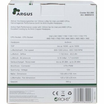 Inter-Tech Argus SU-260 | 150W TDP | 150mm Hoogte | 120mm Fan | CPU Luchtkoeler