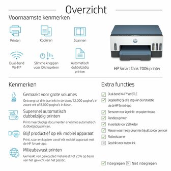 HP Smart Tank 7006 AiO Inkjetprinter | 4800 x 1200 DPI | Wifi | Kleur