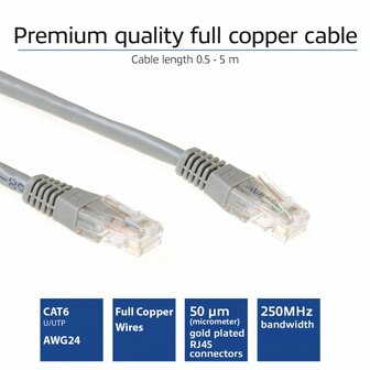 ACT netwerkkabel | Patchkabel | Cat6 | U/UTP (UTP) | 1 m | Grijs | RJ45 connectoren