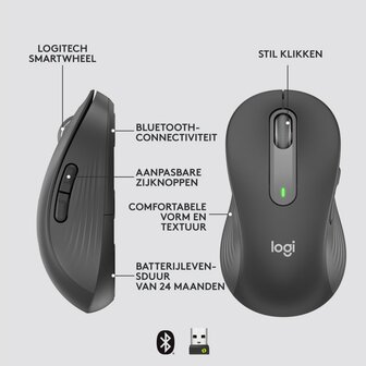 Logitech Signature M650 | Linkshandige Draadloze Muis | RF-Draadloos + Bluetooth | 2000 DPI | Grafiet