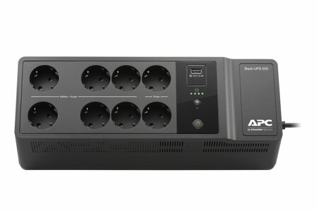 APC Back-UPS BE650G2-GR | 650 VA / 400 W | 8x Schuko Stopcontacten | 1x USB-A Oplaadpoort | LED-statusindicator | Vervangbare Batterij | Compacte Tower UPS