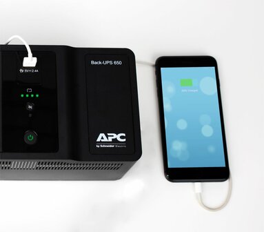 APC Back-UPS BE650G2-GR | 650 VA / 400 W | 8x Schuko Stopcontacten | 1x USB-A Oplaadpoort | LED-statusindicator | Vervangbare Batterij | Compacte Tower UPS