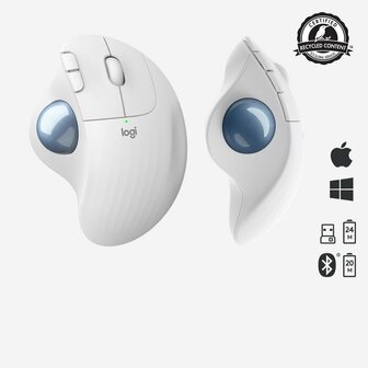 Logitech M575 Ergo Trackball | Ergonomische Draadloze Muis | RF-Draadloos + Bluetooth | 2000 DPI | Wit