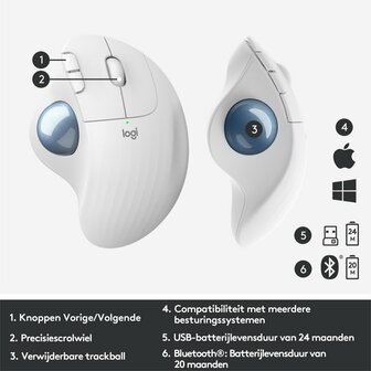 Logitech M575 Ergo Trackball | Ergonomische Draadloze Muis | RF-Draadloos + Bluetooth | 2000 DPI | Wit