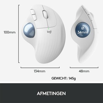 Logitech M575 Ergo Trackball | Ergonomische Draadloze Muis | RF-Draadloos + Bluetooth | 2000 DPI | Wit