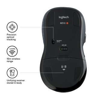 Logitech M510 | Ambidextrous Draadloze Muis | RF-Draadloos | 1000 DPI | Zwart