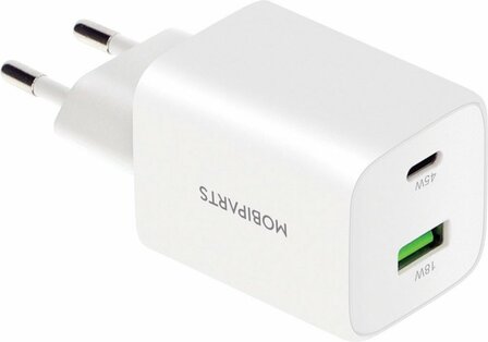 Mobiparts GaN Wall Charger | USB-C &amp; USB-A 3.0 QC 45W | Wit