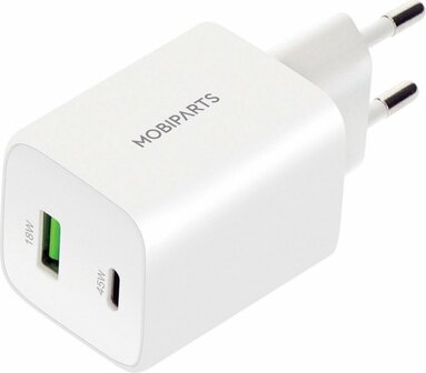 Mobiparts GaN Wall Charger | USB-C &amp; USB-A 3.0 QC 45W | Wit
