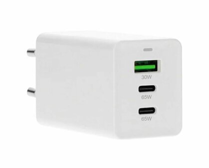 Mobiparts GaN Wall Charger | 2x USB-C &amp; 3.0 USB-A QC 65W | Wit