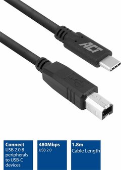 ACT | USB 2.0 Kabel | USB-C naar USB-B | 1,8m | Zwart