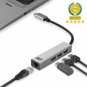 ACT AC7055 | 3-Poorts USB-C 3.2 (USB 3.0) Hub | Gigabit Ethernet Poort