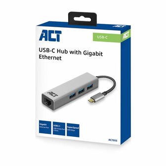 ACT AC7055 | 3-Poorts USB-C 3.2 (USB 3.0) Hub | Gigabit Ethernet Poort