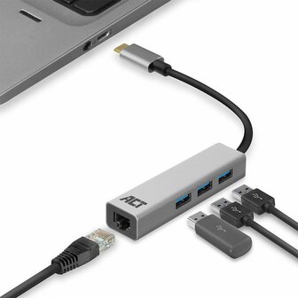 ACT AC7055 | 3-Poorts USB-C 3.2 (USB 3.0) Hub | Gigabit Ethernet Poort
