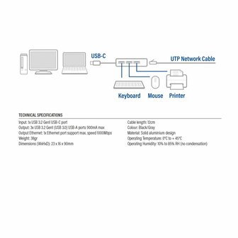ACT AC7055 | 3-Poorts USB-C 3.2 (USB 3.0) Hub | Gigabit Ethernet Poort