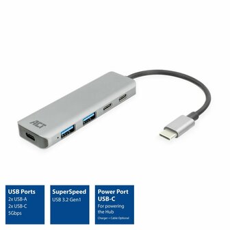 ACT AC7072 USB-C Hub 3.0 | 2x USB-A &amp; 2x USB-C Poorten | 5 Gbps | Aluminium Behuizing | 12 cm Kabel