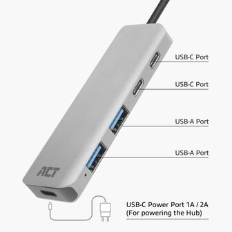 ACT AC7072 USB-C Hub 3.0 | 2x USB-A &amp; 2x USB-C Poorten | 5 Gbps | Aluminium Behuizing | 12 cm Kabel