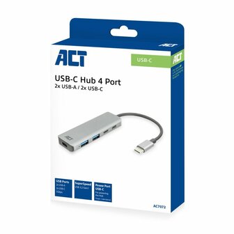 ACT AC7072 USB-C Hub 3.0 | 2x USB-A &amp; 2x USB-C Poorten | 5 Gbps | Aluminium Behuizing | 12 cm Kabel