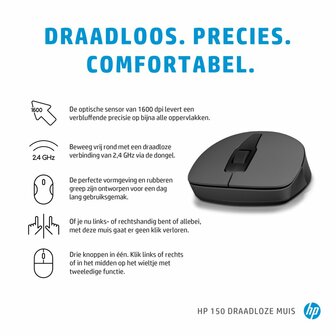 HP 150 | Draadloze Muis | Links- en Rechtshandig | 1600 DPI | Zwart