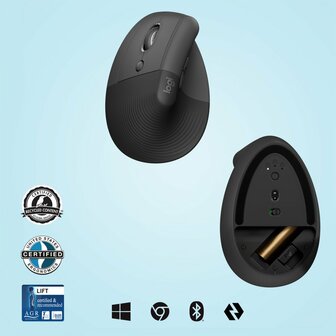 Logitech Lift muis | Linkshandige Ergonomische Draadloze Muis | RF-Draadloos + Bluetooth | 4000 DPI | Grafiet