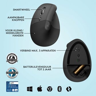 Logitech Lift muis | Linkshandige Ergonomische Draadloze Muis | RF-Draadloos + Bluetooth | 4000 DPI | Grafiet