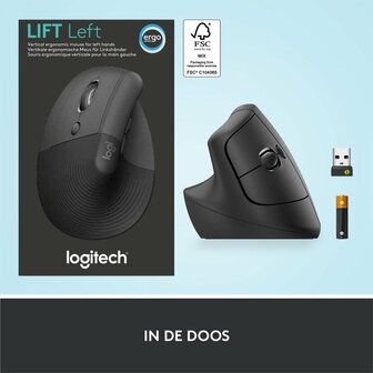 Logitech Lift muis | Linkshandige Ergonomische Draadloze Muis | RF-Draadloos + Bluetooth | 4000 DPI | Grafiet