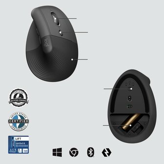 Logitech Lift for Business | Ergonomische Draadloze Muis | RF-Draadloos + Bluetooth | 4000 DPI | Grafiet