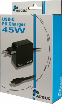Inter-Tech Argus PD-2045 | Universele USB-C Oplader 45W | Zwart | Met Ge&iuml;ntegreerde Kabel