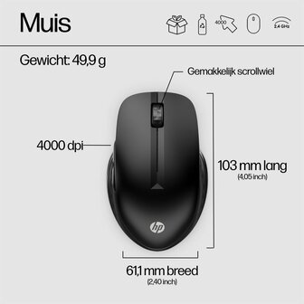 HP 430 | Multi-Device Ambidextrous Draadloze Muis | RF-Draadloos + Bluetooth | 1200 DPI | Zwart