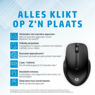 HP 430 | Multi-Device Ambidextrous Draadloze Muis | RF-Draadloos + Bluetooth | 1200 DPI | Zwart