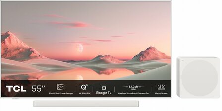 TCL NXTFRAME 55A300W Pro Wit 55&quot; | Ultra HD 4K QLED Smart TV | Draadloze Soundbar en Subwoofer | Google TV + Wifi | HDR10+ | 120Hz