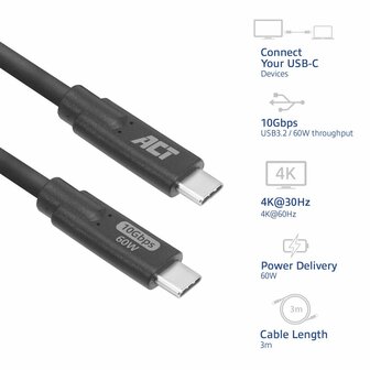 ACT AC7443 | USB 3.2 Kabel | 10Gbps | 60W | USB-C naar USB-C | 3m | Zwart