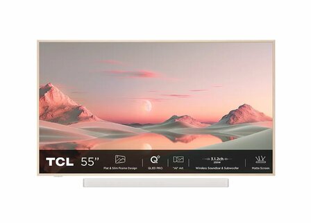 TCL NXTFRAME 55A300W Pro Wit 55&quot; | Ultra HD 4K QLED Smart TV | Draadloze Soundbar en Subwoofer | Google TV + Wifi | HDR10+ | 120Hz | Refurbished Gold