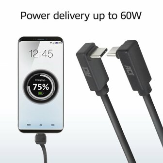 ACT AC7476 | USB 3.2 Gen 2 Kabel | USB-C (haaks boven/beneden) naar USB-C (haaks boven/beneden) | 60W | 10Gbps | 0,5m | Zwart