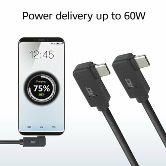 ACT AC7488 | USB 3.2 Gen 2 Kabel | USB-C (haaks links/rechts) naar USB-C (haaks links/rechts) | 60W | 10Gbps | 2m | Zwart
